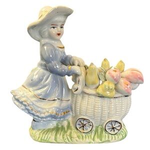 Vintage Porcelain Country Lady Figurine with Flower Cart